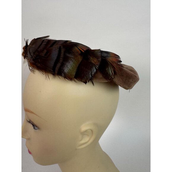 Vintage Feathered Fascinator Hat Brown & Beige Woven Design Womens Accessory Ele - Picture 12 of 14
